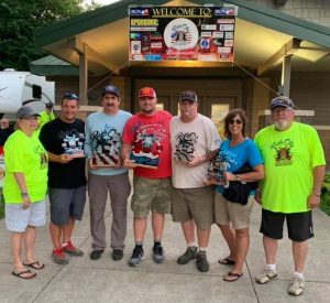 River City Steak Challenge overall top 5 finishers (left to right) – Leona Sallee (organizer), Matt Ouverson (Iowa), Robert Erwin (Louisana), Danny Ewers (Nebraska), Mark Johnson (South Dakota). Sherry Warth (Iowa) and Jim Sallee (organizer)